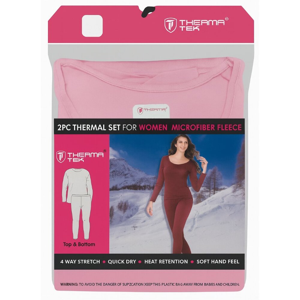Women Microfiber Fleece Thermal Set Base Layer Top & Bottom, Winter Warm, Pink